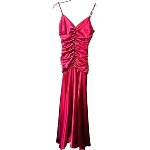 Jessica McClintock Ruched Satin Maxi Prom Dress in Cranberry/Ruby